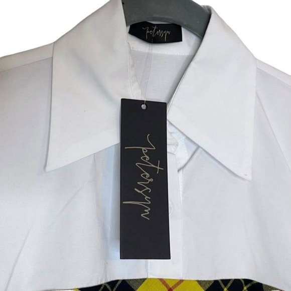 Petersyn Monroe Blouse Plaid Tartan Panel Tie Back Blouse White Yellow S - Picture 12 of 16